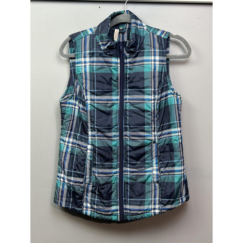 Red Camel Vest Womens Small Blue Teal Plaid Puffer Quilted Full Zip Mock Neck